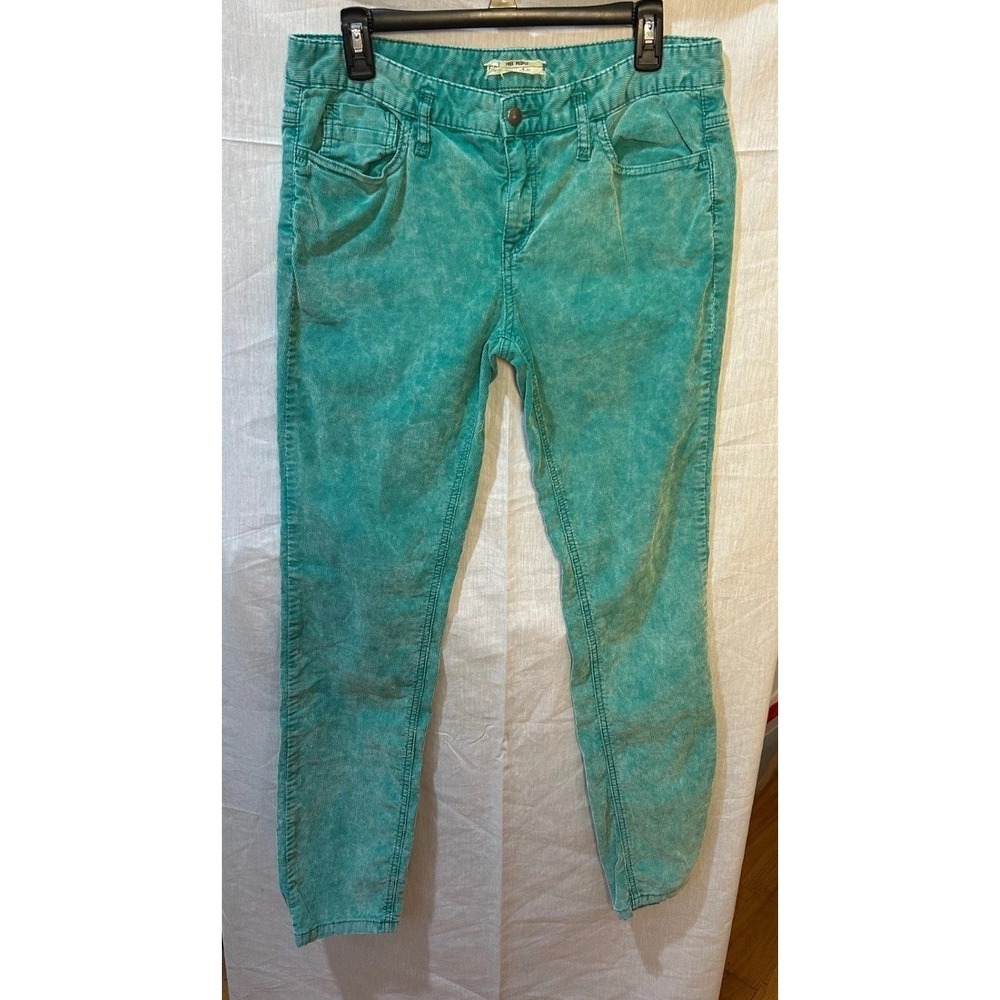 Free People Teal Wash Corduroy Skinny Pants Women Sz 31 Trendy Chic Distressed
